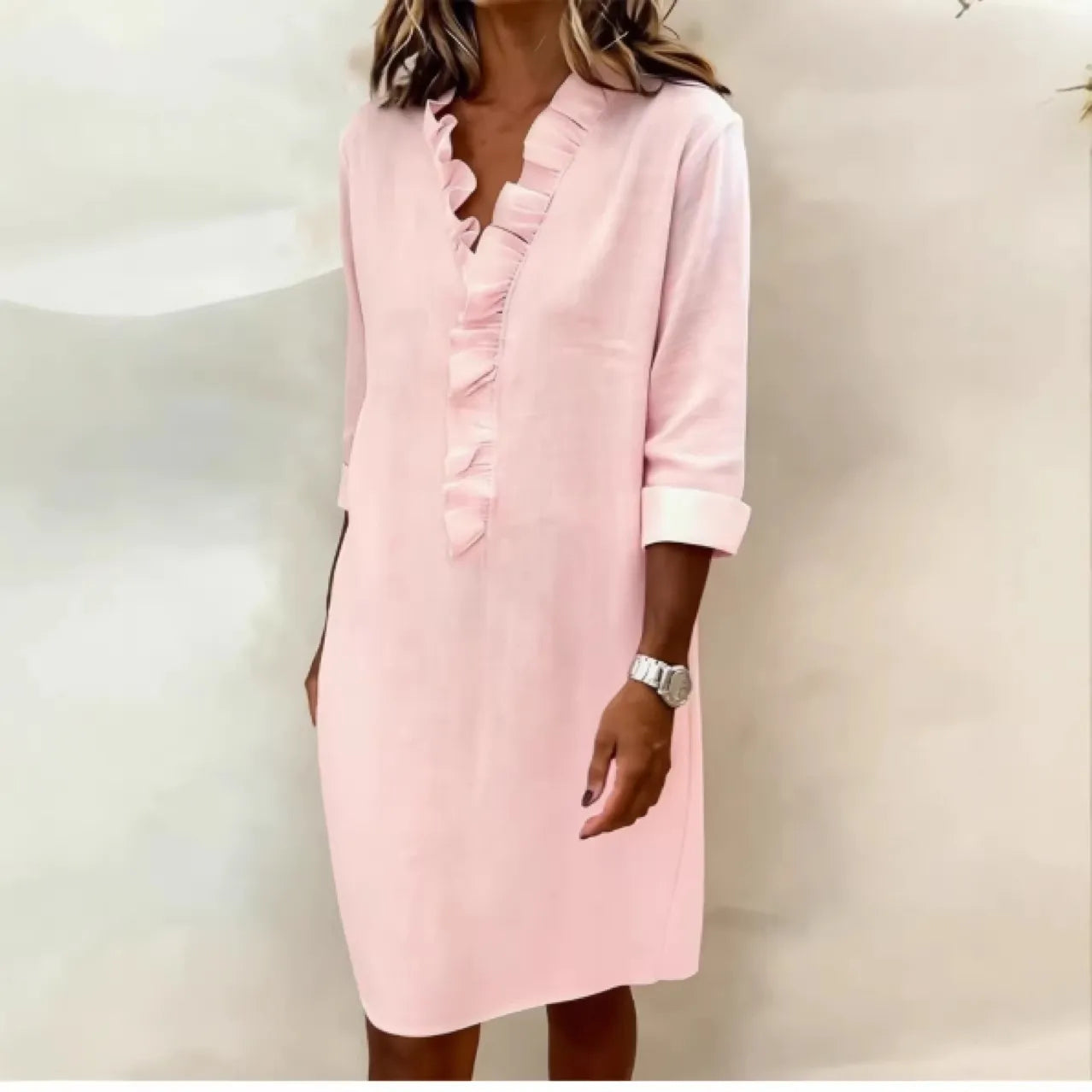 Ruffled V-Neck Solid Color Dress