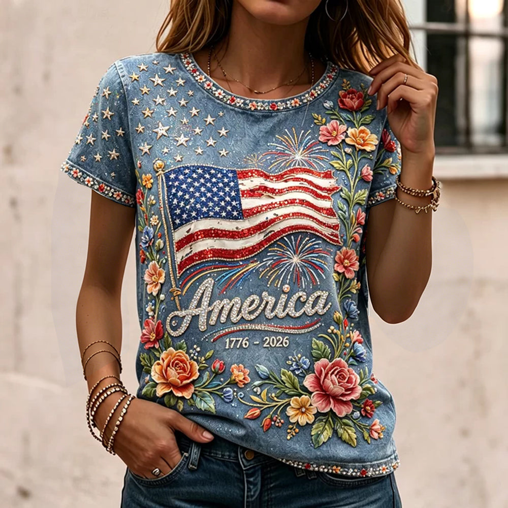 Women's Vintage American Anniversary Flag And Floral Casual Crew Neck Cotton Linen Short Sleeve Top
