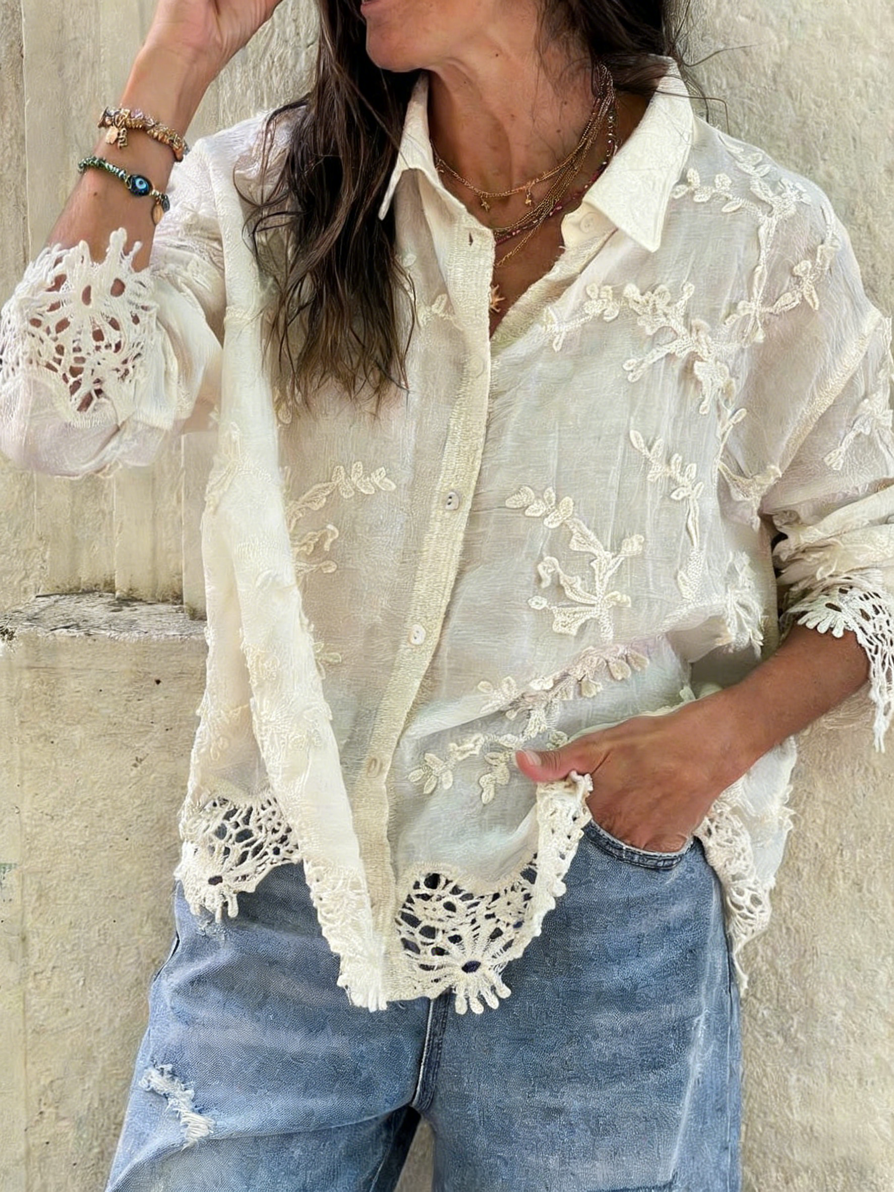 Cotton and linen collared 3D embroidered shirt