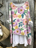 Vintage Floral Art Pattern Linen Loose Long Shirt