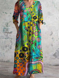 Women's V-Neck Vintage Art Irregular Pattern Cotton Linen Dress