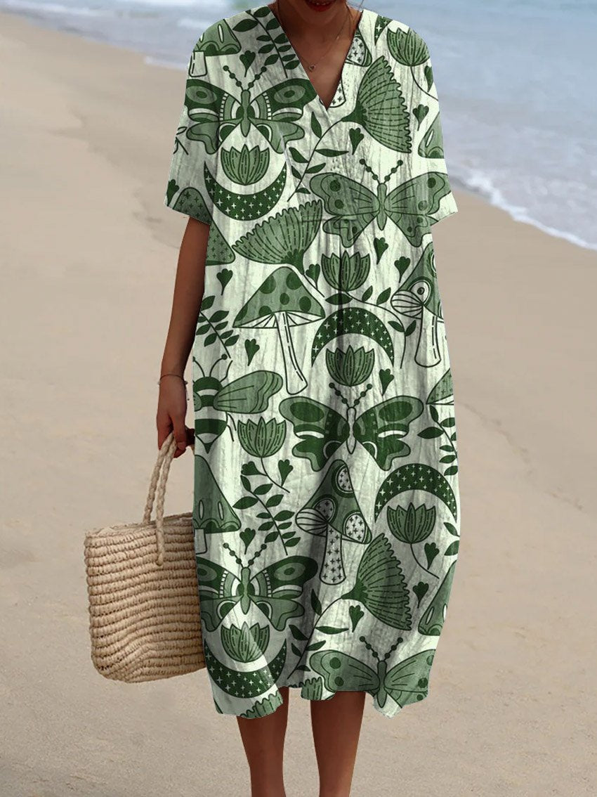 Women's Vintage Lovely Floral Butterfly Art Print Flowy Dress