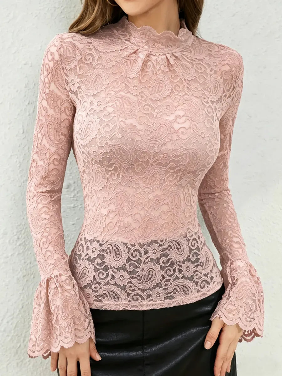 Damen sexy Oberteil mit Spitzenbesatz und Glockenärmeln