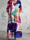 Women's V-Neck Elegant Tropical Leaves Painted Dress With Pockets