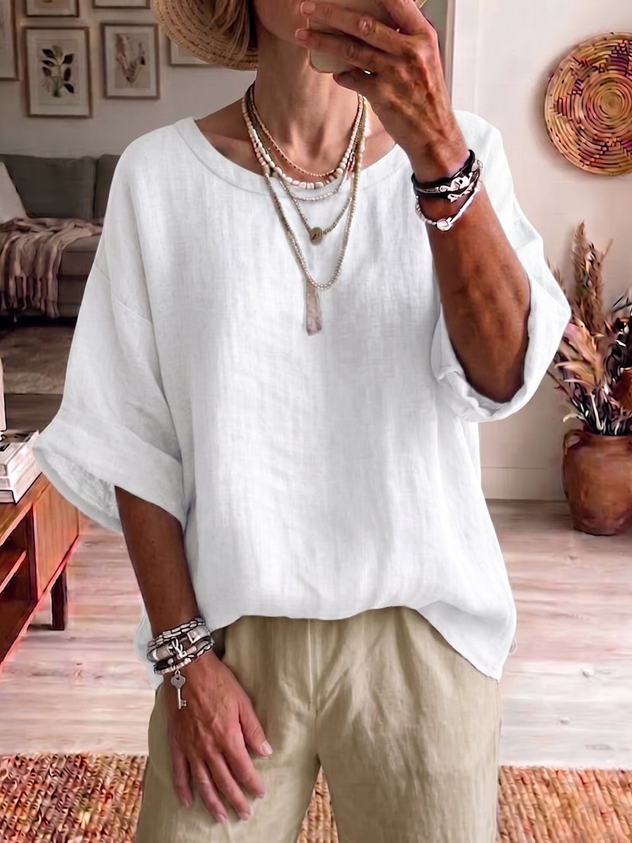 Minimalist Boat-neck Cotton-linen Shirt With Batwing Sleeves