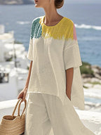 Women's Loose Round Neck Tie-Dye Contrast Color Pants Set