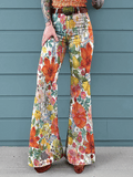 Women's Vintage Floral Print Mid-Rise Button-Hem Bootcut Pants (Without Belt)