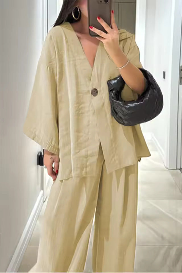 Casual V-neck loose long-sleeved top high waist trousers two-piece suit