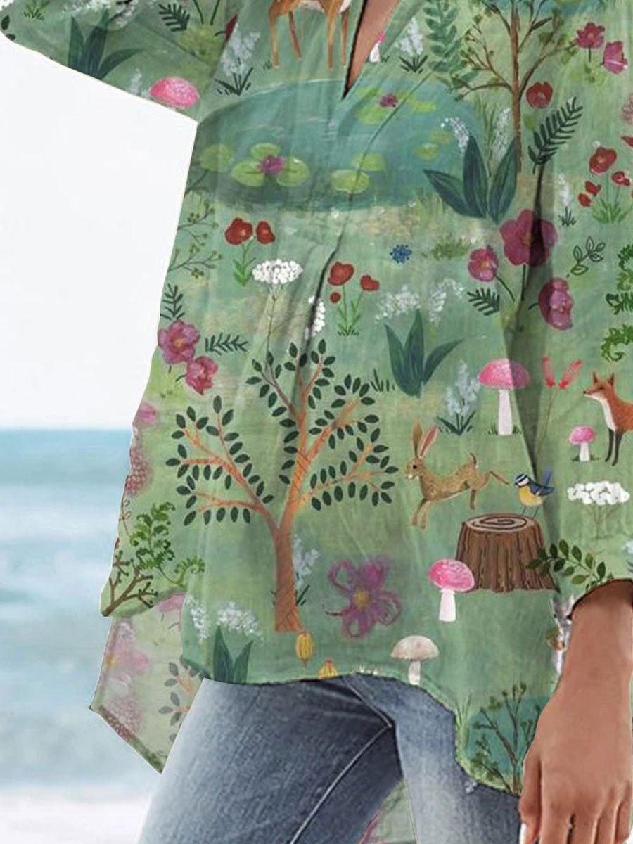 Women's Vintage Lovely Woodland Animals Art Print Casual Linen V-neck Shirt