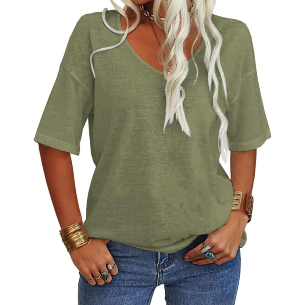 Damen V-Ausschnitt T-Shirt in Unifarbe