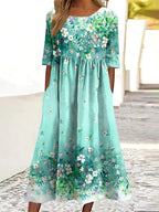 Flower Print Round Neck Short Sleeve Midi Dress