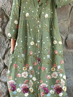Women's Elegant  Floral Shirt Style Cotton and Linen Dress