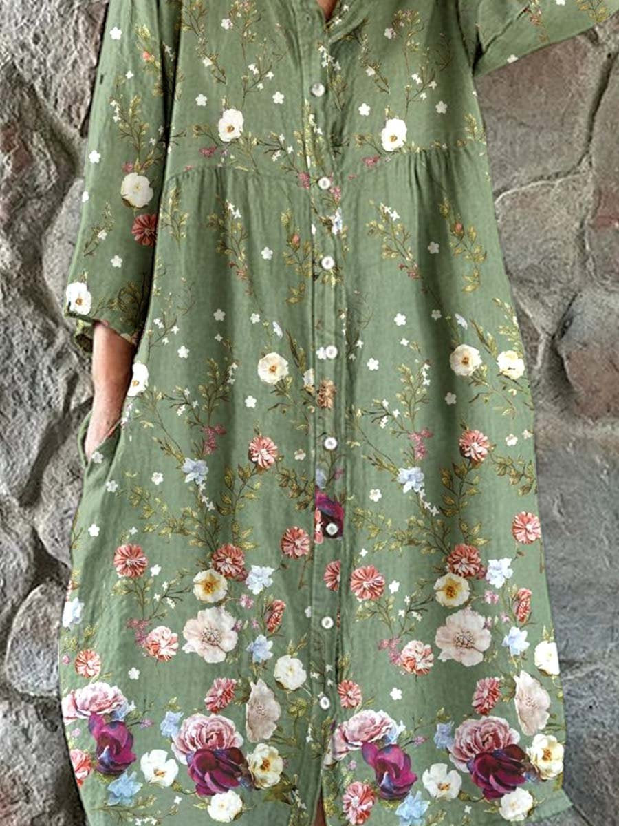 Women's Elegant  Floral Shirt Style Cotton and Linen Dress