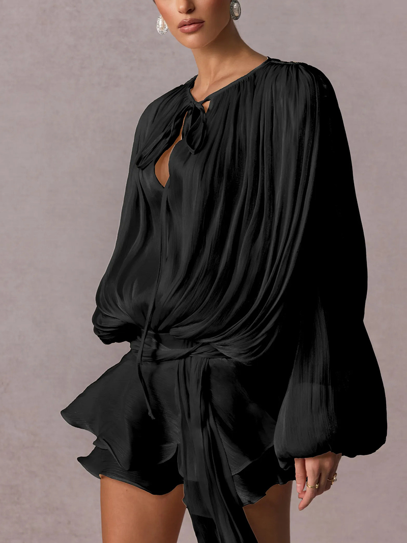 French-style ruffled and gathered short dress with leggings