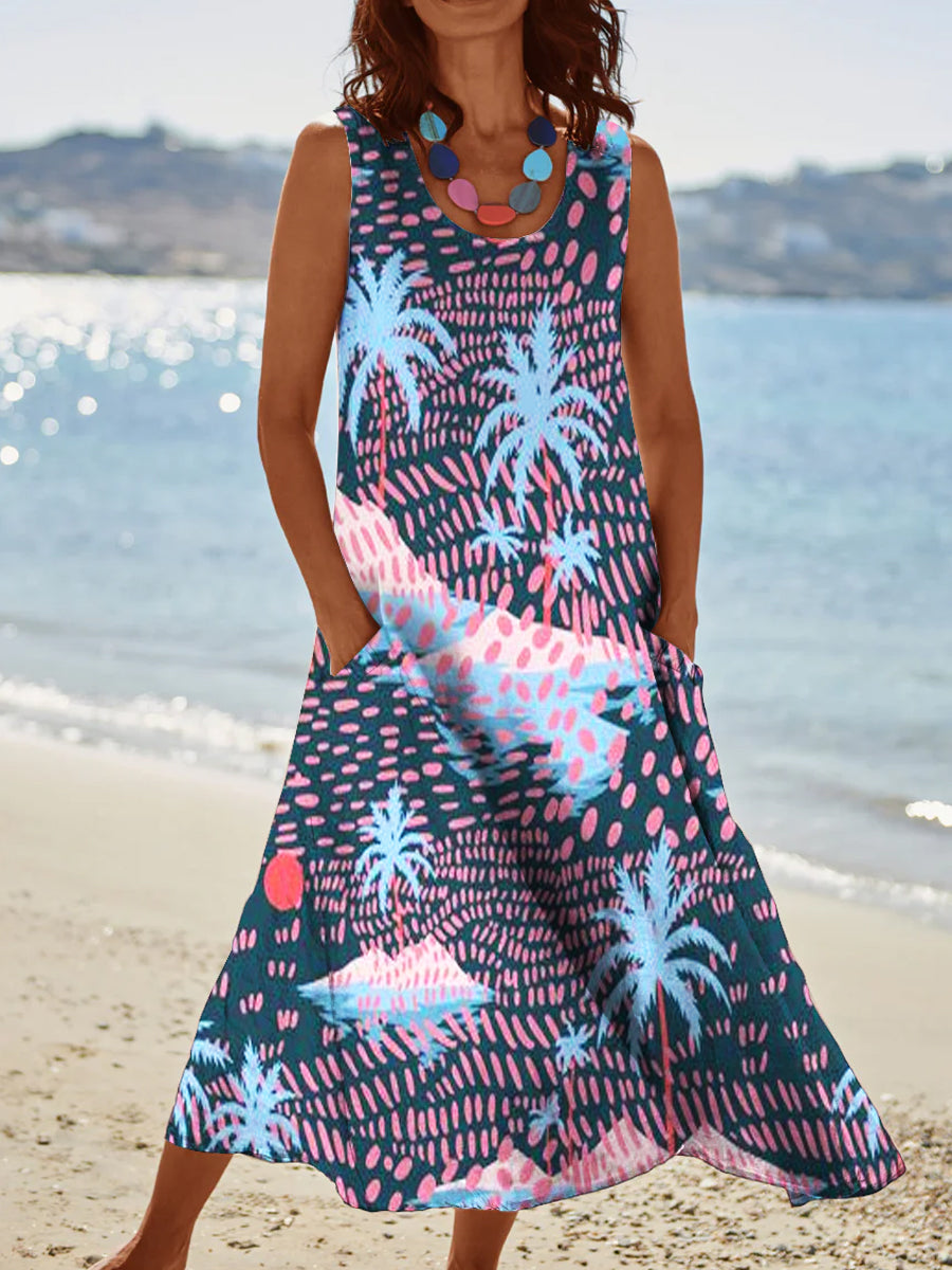 Women's Vintage Island Coconut Pattern Round Neck Dress