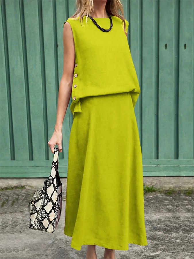 Women'S Casual Solid Color Sleeveless Top And Split Skirt Two-Piece Set