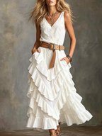 Women's V-Neck White Tiered Ruffle Maxi Dress