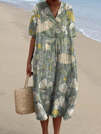 Women's Vintage Lovely Floral Art Print Flowy Dress