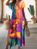 Women's Floral Alcohol Ink Art Print Pocket V Neck Long Dress Maxi Dress