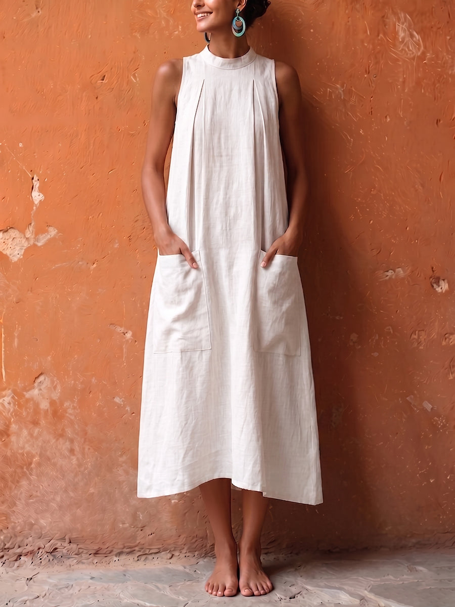 Minimalist Mock-neck Pleated Cotton-linen Midi Dress