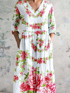 Women's V Neck Art Rose Floral Pattern Dress With Pockets