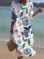 Women's Casual  Round Neck Mid Sleeve Print Cotton and Linen Dress
