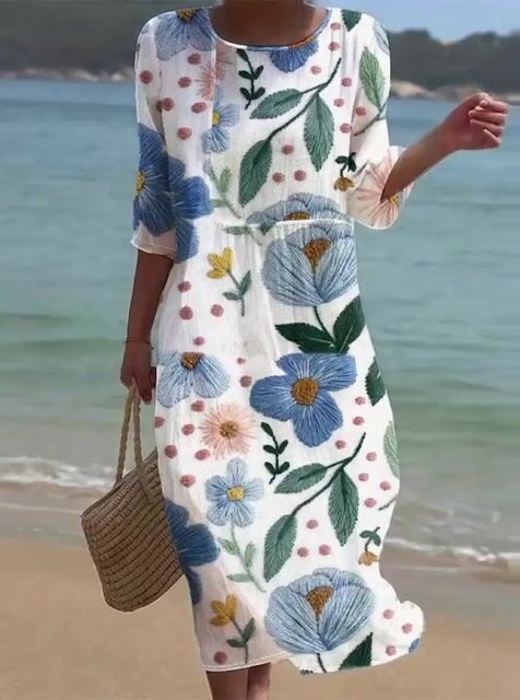 Women's Casual  Round Neck Mid Sleeve Print Cotton and Linen Dress