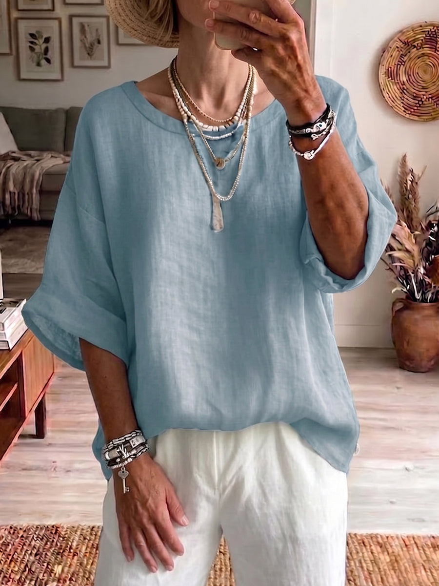 Minimalist Boat-neck Cotton-linen Shirt With Batwing Sleeves