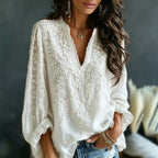 Women's White Floral Embroidered Artistic Casual Linen Blend Long Sleeve T-shirt