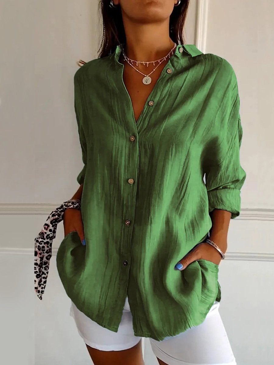 Women's Single-Row Buttons Pleated Solid Color Shirt