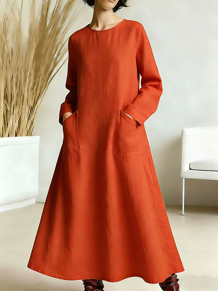 Women's Solid Color Round Neck Long-sleeved Casual Loose A-line Cotton And Linen Dress