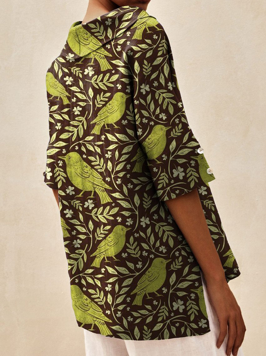 Women's Vintage Lovely Birds Floral Art Print Casual Linen V-neck Shirt