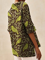 Women's Vintage Lovely Birds Floral Art Print Casual Linen V-neck Shirt