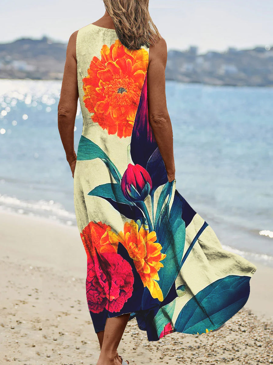 Women's Vintage Floral Pattern Round Neck Dress