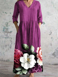 Women's V Neck Art Rose Floral Pattern Dress With Pockets