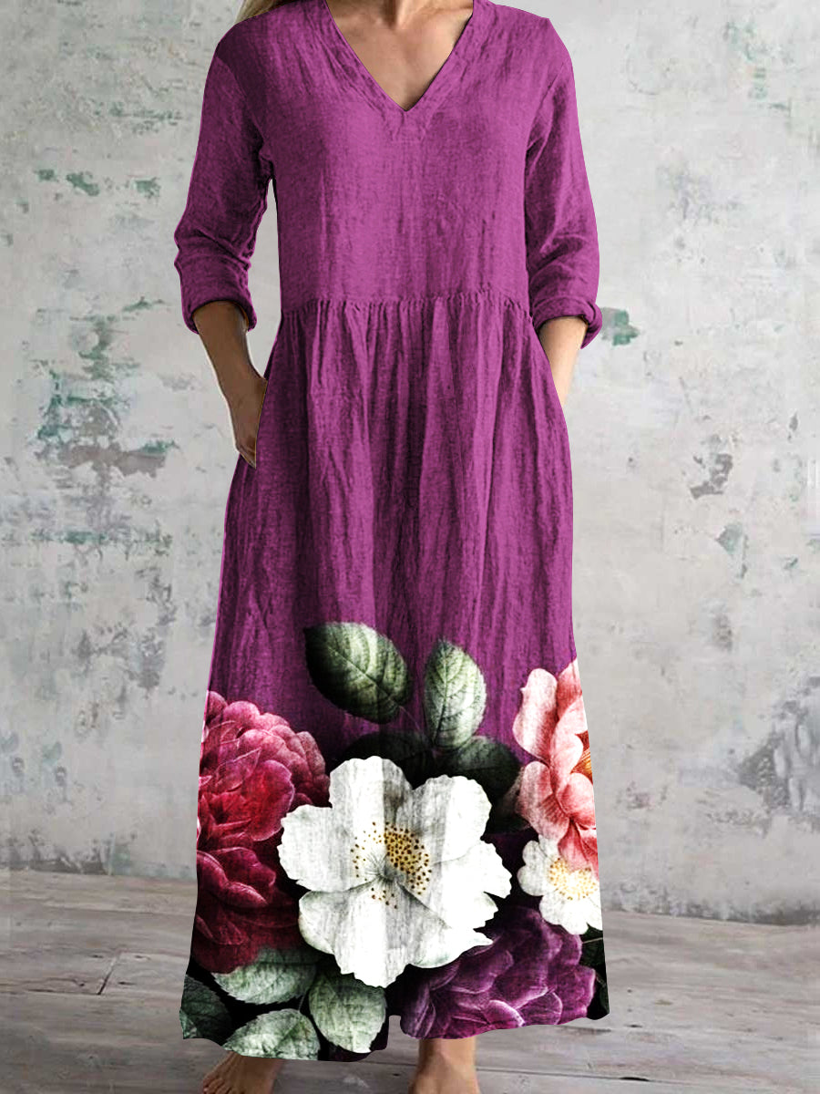 Women's V Neck Art Rose Floral Pattern Dress With Pockets