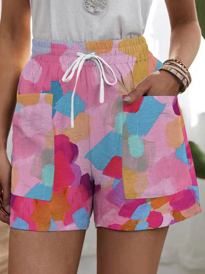 Women's Retro Oil Painting Design Pocket Splicing Loose Casual Pants