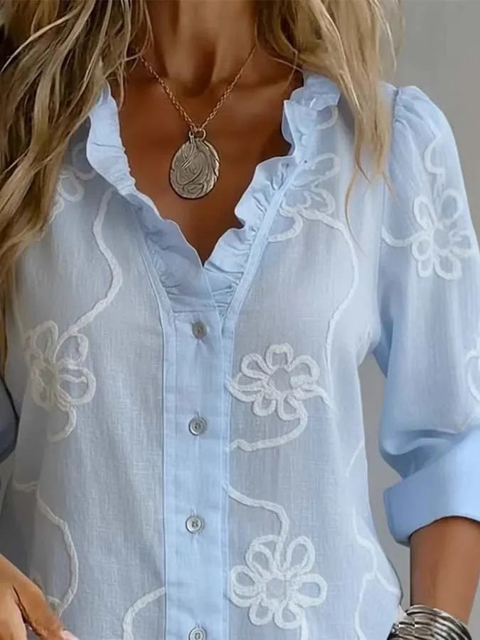 Women'S Casual Embroidered Ruffle Shirt