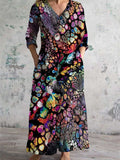 Women's V Neck Abstract Color Art Print Cotton and Linen Pocket Dress
