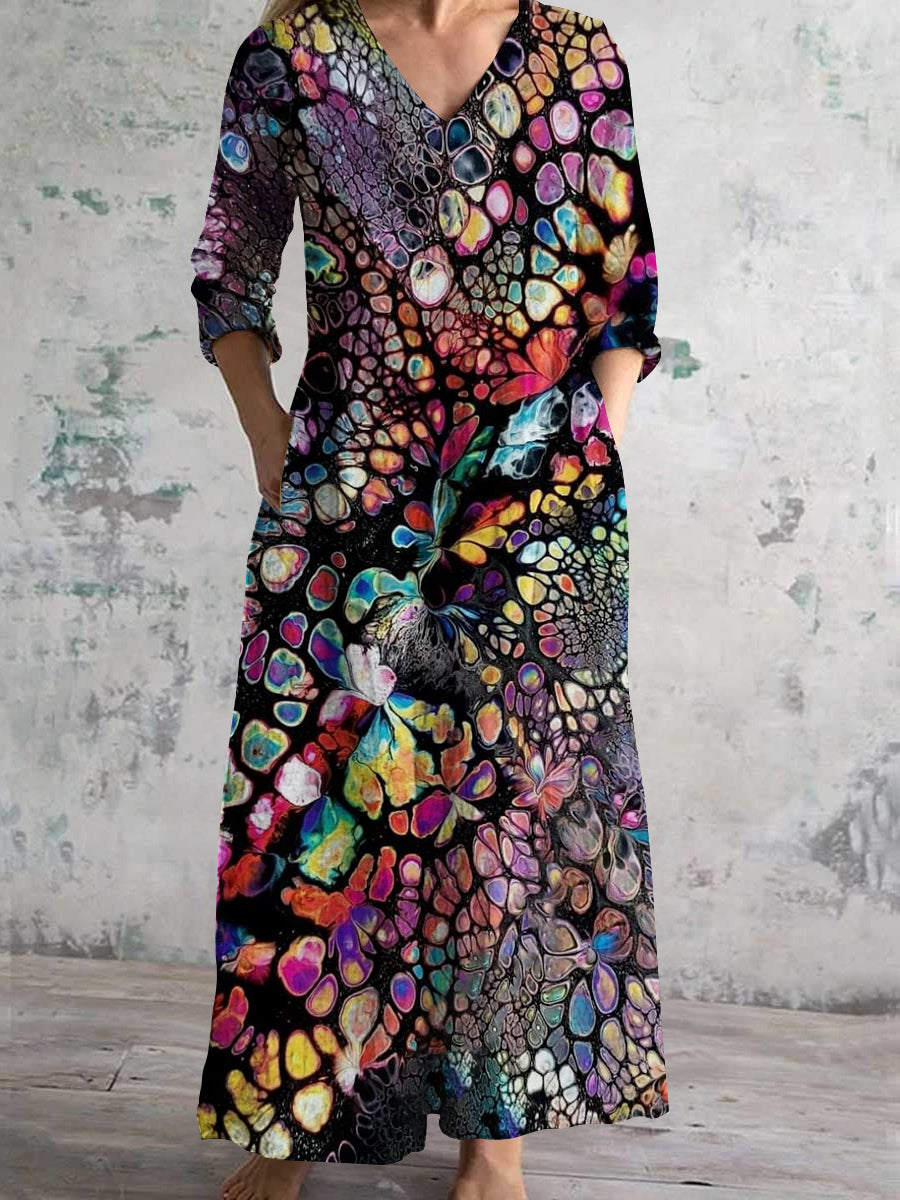 Women's V Neck Abstract Color Art Print Cotton and Linen Pocket Dress