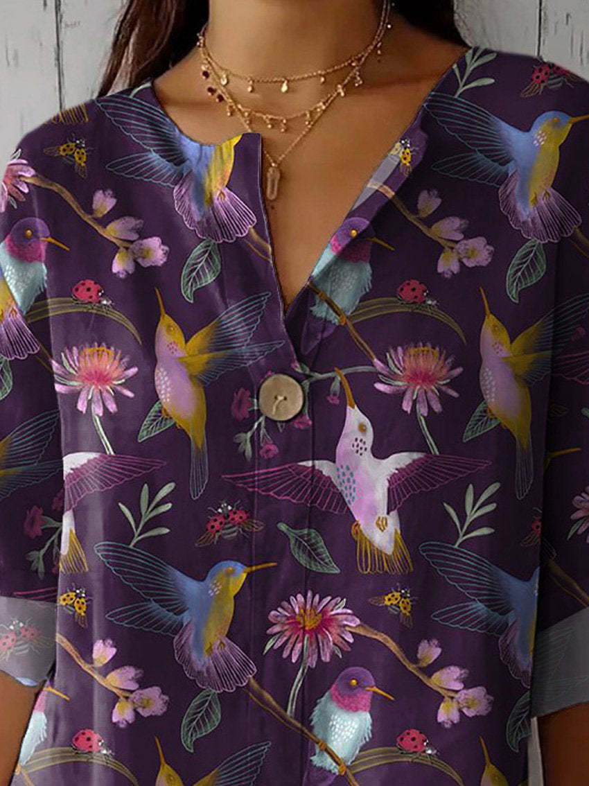 Midnight Hummingbird Pattern Printed Women's Casual Cotton Linen Shirt