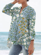 Women's Vintage Lovely Floral Art Print Casual Linen V-neck Shirt