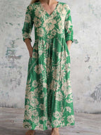 Women's V-neck Elegant Poppy Floral Print Cotton Dress