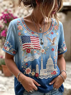 Women's American Flag Floral Art Embroidered Cotton Linen Crew Neck Top