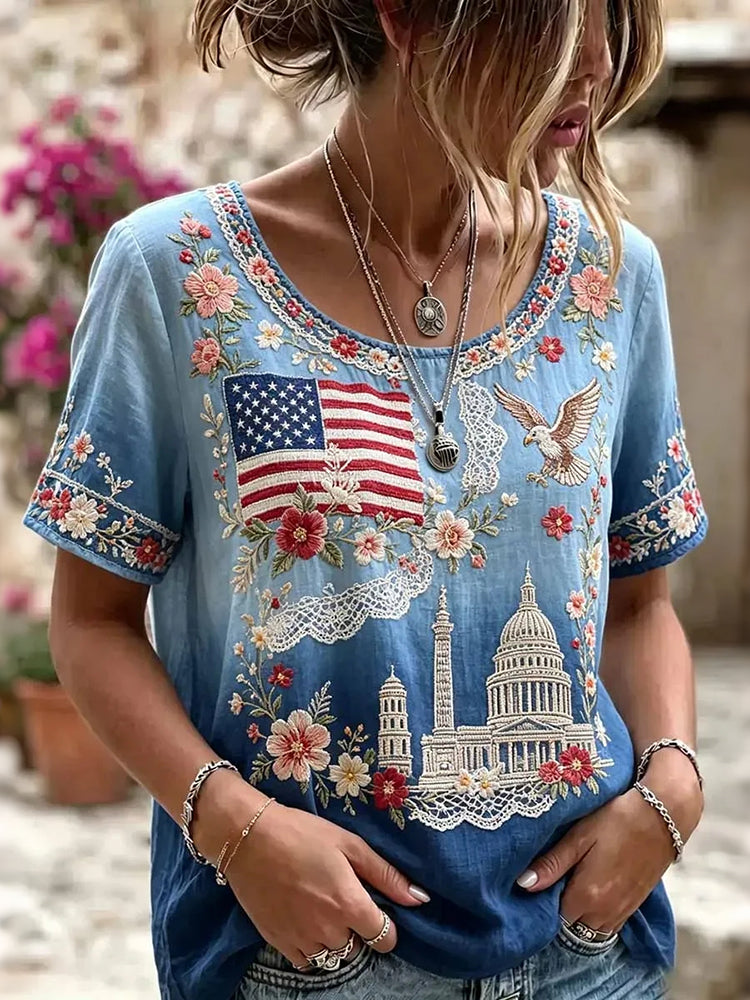 Women's American Flag Floral Art Embroidered Cotton Linen Crew Neck Top