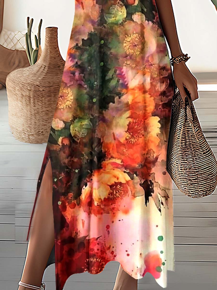 Women's V-Neck Art Fluid Pattern Dress