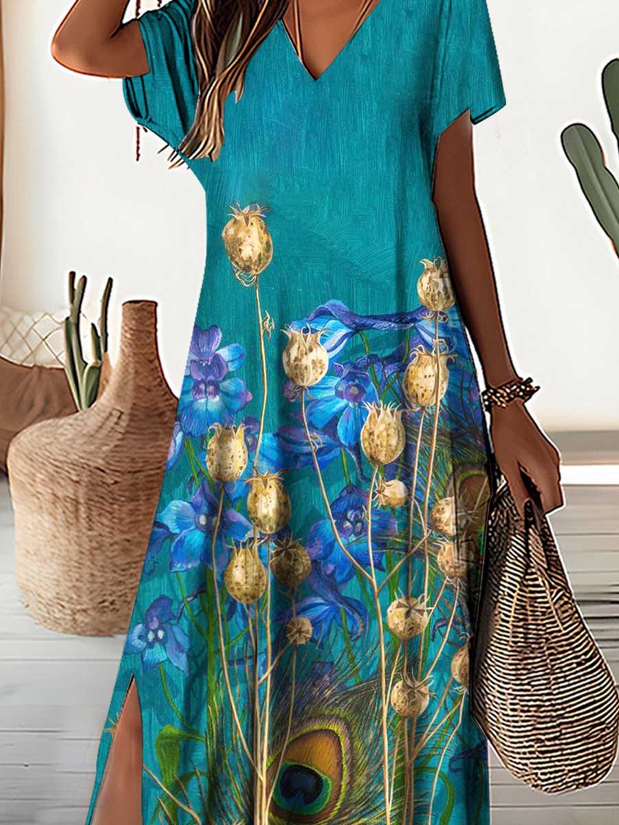 Women's V-Neck Poppy Flower Pattern Seaside Resort Style Dress