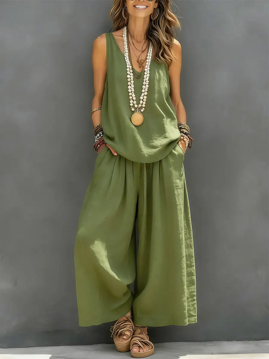Women's Solid Color Casual Sleeveless Vest And Wide-leg Pants Cotton Linen Set