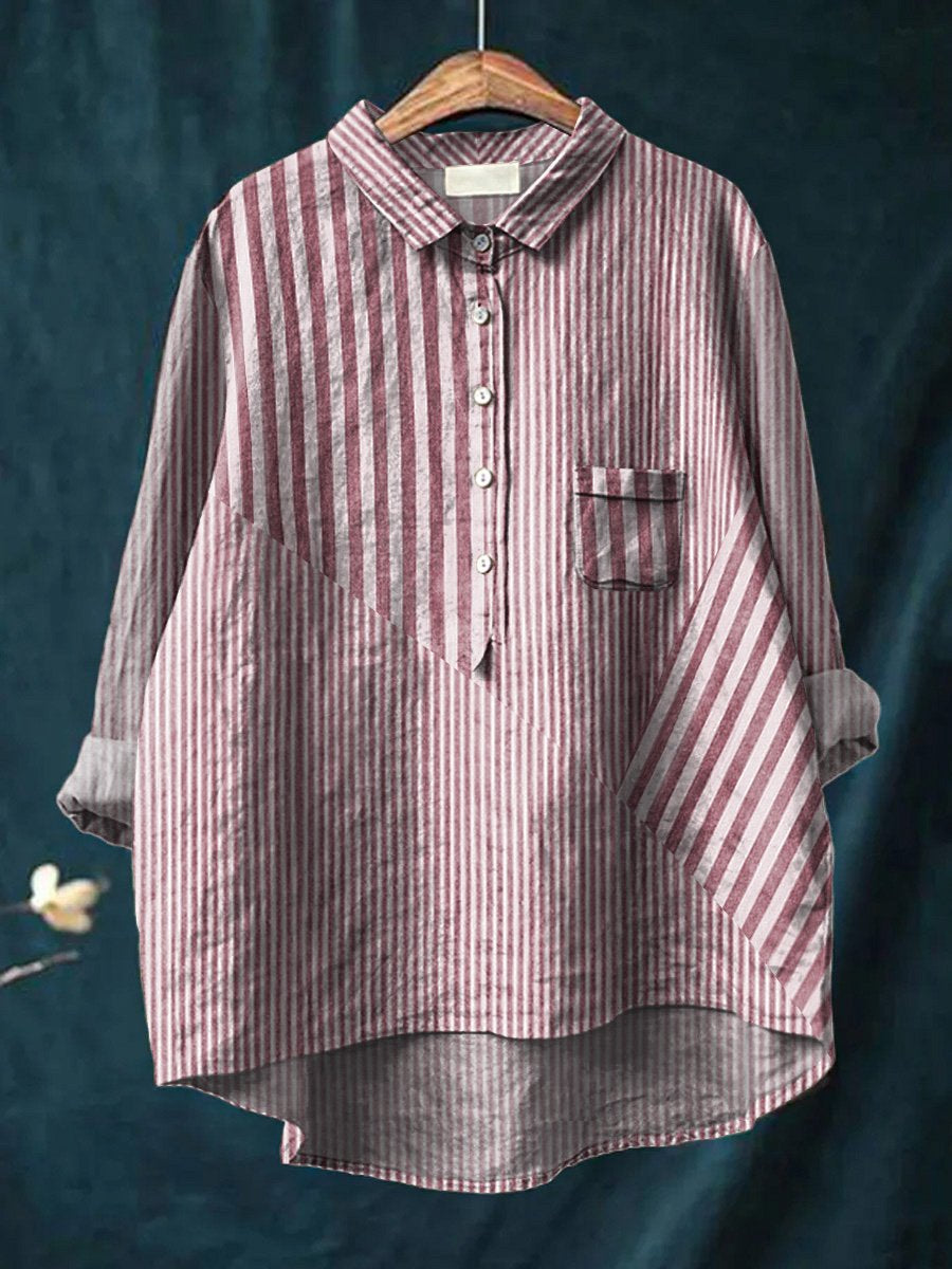 Stripes Pattern Printed Women's Casual Cotton And Linen Shirt