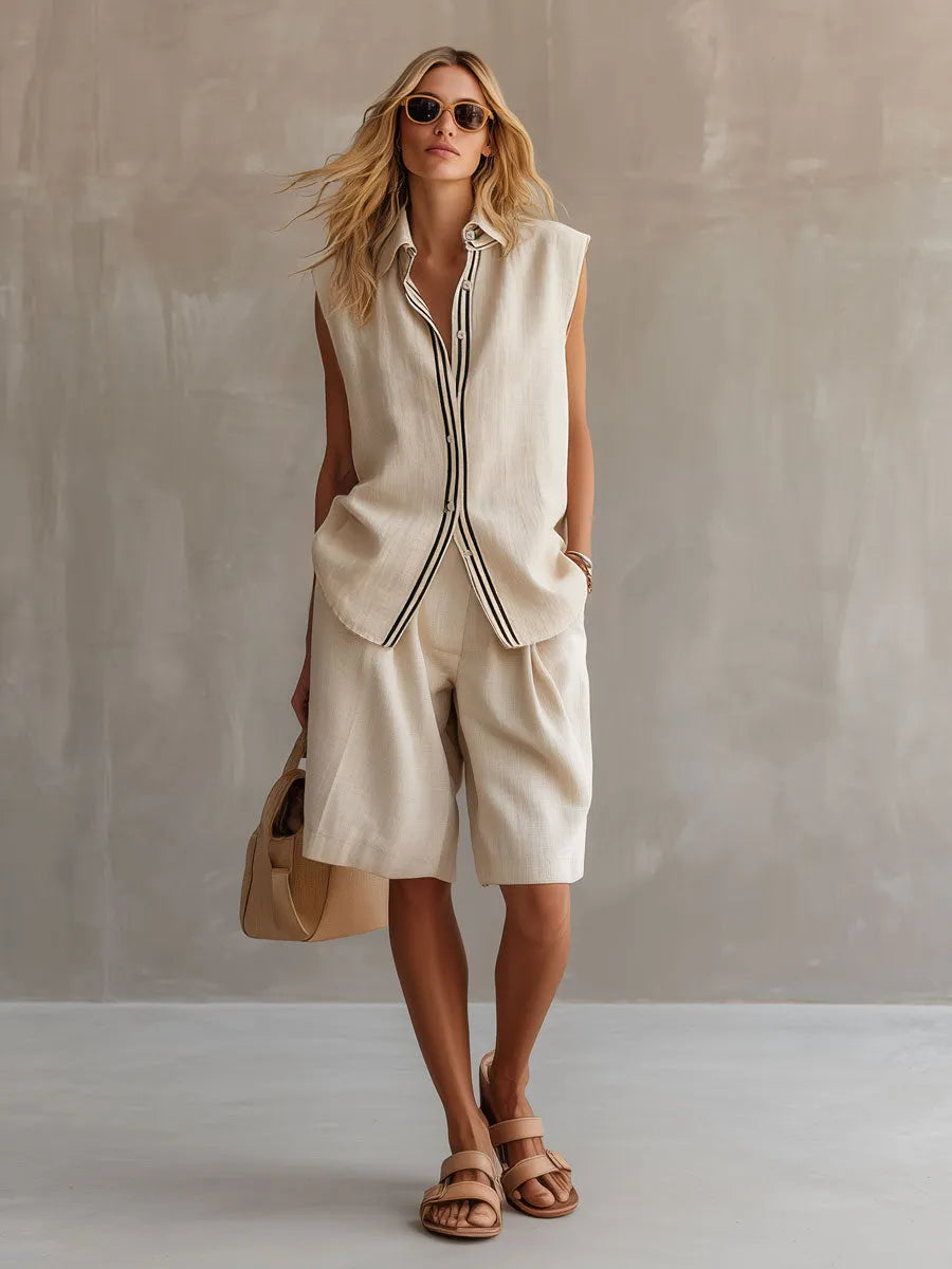 Casual Retro Apricot Cotton Linen Sleeveless Striped Shirt And Shorts Set